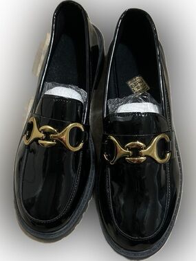 Black Patent Loafers with Gold Horsebit Accent